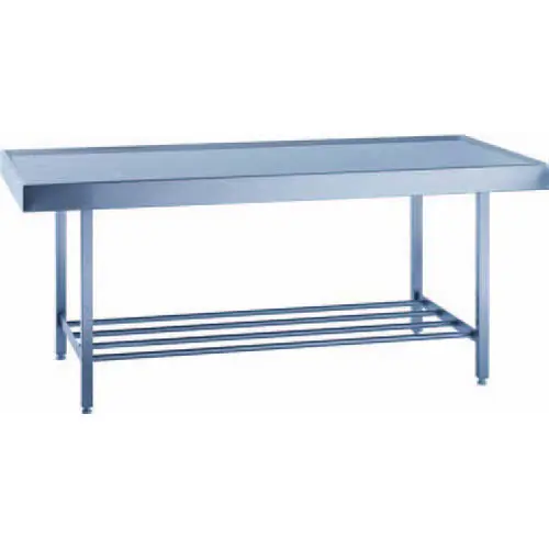 Wulstrandarbeitstisch Chromnickelstahl, L 1500 x B 900 x H 850 mm, geschweißte Ausführung, Oberfläche gebürstet, Arbeitsfläche mit umlaufendem Wulstrand und Ablaufstutzen in einer Ecke, 1 Ablagerost Solange Der Vorrat Reicht